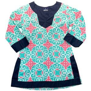 Simply Southern Tunic Top Womens Medium Teal Pink Navy Scroll 3/4 Sleeve Cotton